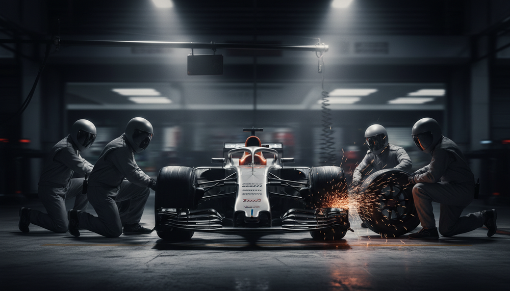 Pit crew mid pit stop with wheel gun sparks