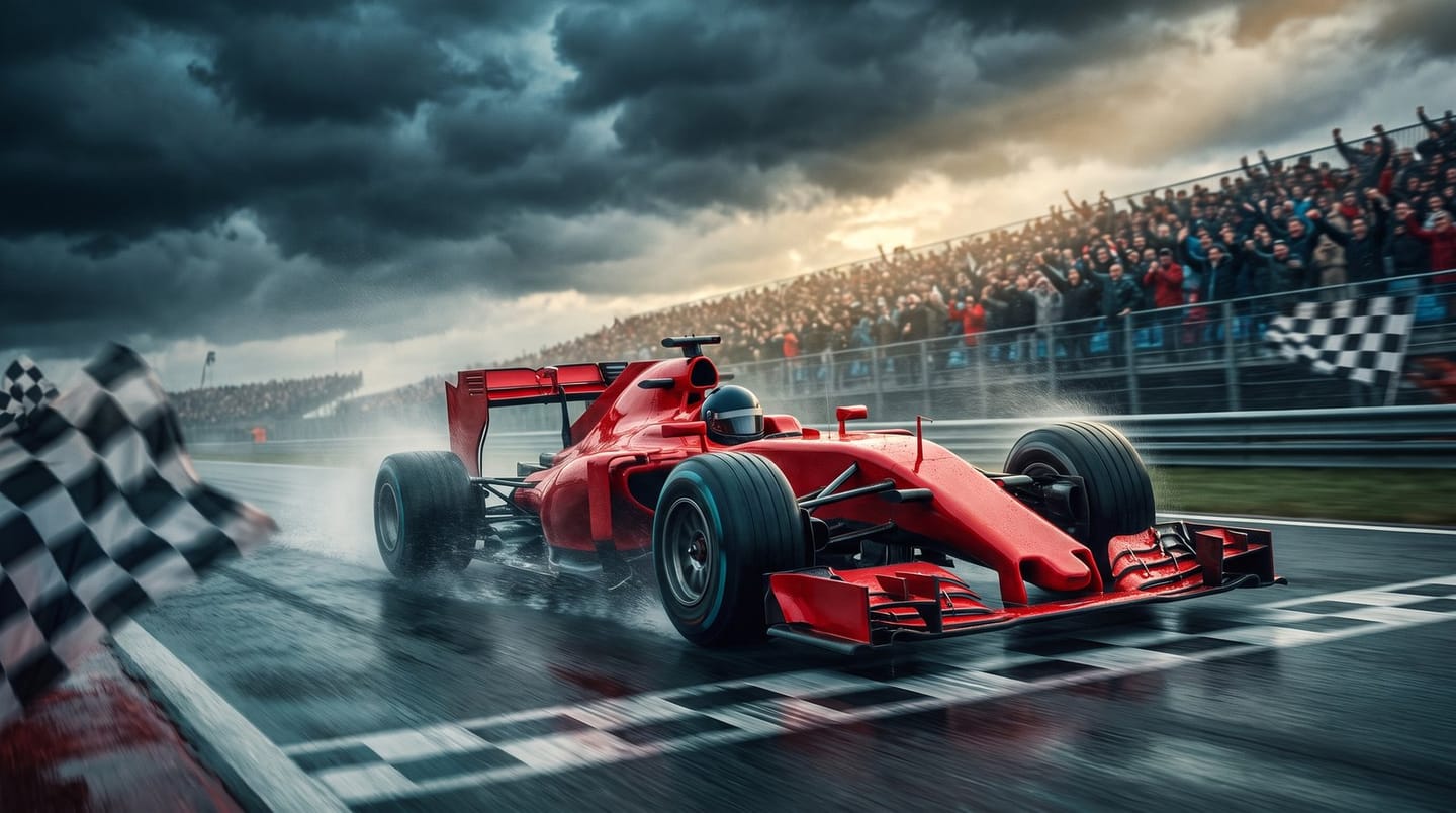 A red Formula 1 car crossing the finish line at Silverstone under dramatic light