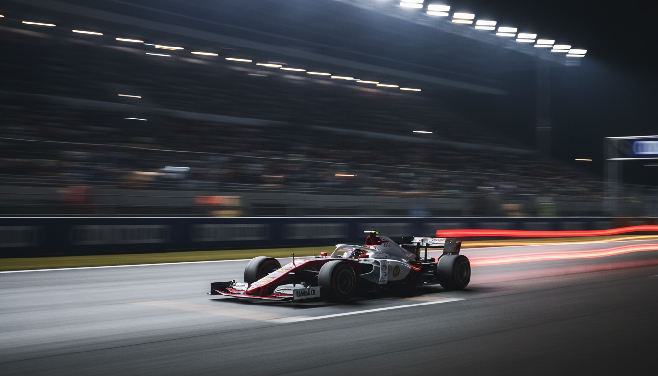 Formula 1 car at speed under floodlights with light trails