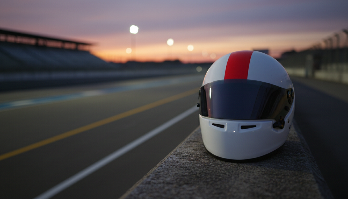 Racing helmet on the pit wall at dusk