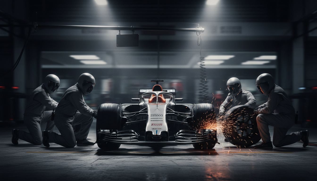 Pit crew mid pit stop with wheel gun sparks