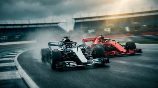 Two Formula 1 cars battle wheel-to-wheel at speed