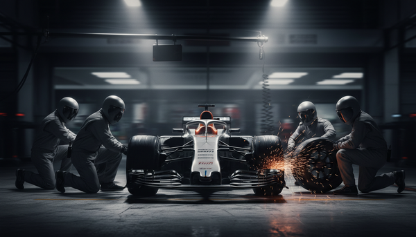 Pit crew mid pit stop with wheel gun sparks