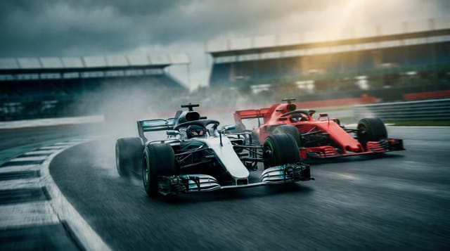 A silver Formula 1 car leads a red rival through a wet corner at Silverstone