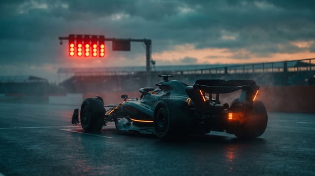 A Formula 1 car on the Silverstone grid under glowing red start lights at dusk