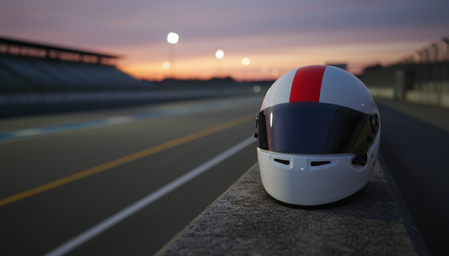 Racing helmet on the pit wall at dusk