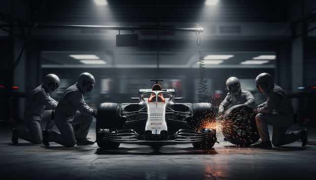 Pit crew mid pit stop with wheel gun sparks