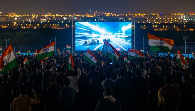 Indian fans with tricolor flags watching a night race on a big screen